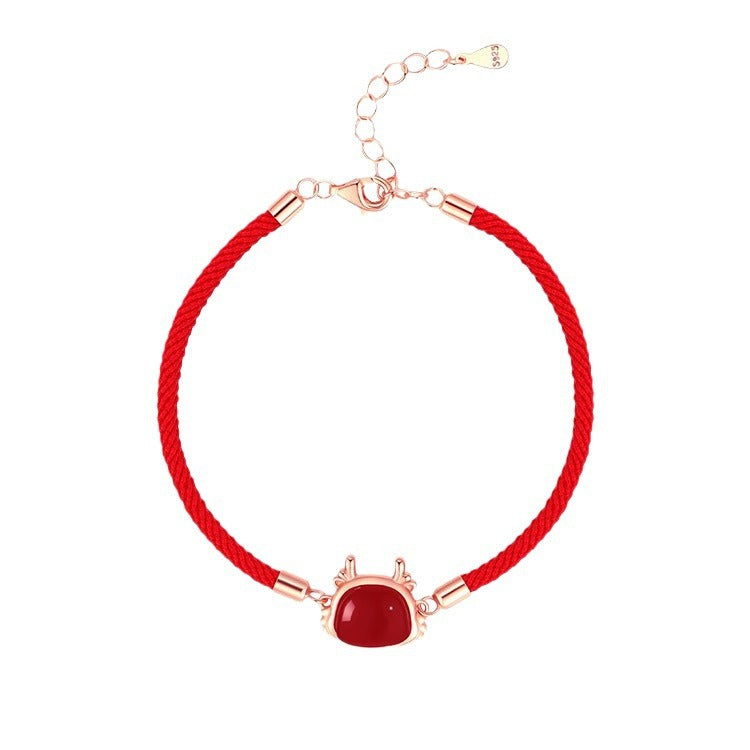 Fortune Dragon Fu Character Red String Bracelet - 999 Sterling Silver