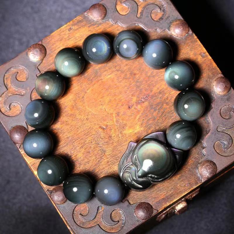 Fox Charm Healing Bracelet - Rainbow Obsidian for Positive Energy