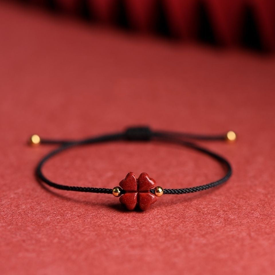 Blessing Red String Bracelet Anklet - Four Leaf Clover Cinnabar Charm