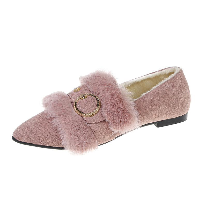 Belifi Pointed Metal Buckle Furry Shoes Fashion Cotton Shoes