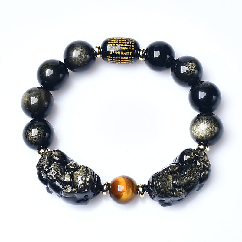 Natural Gold Obsidian Double Pixiu Bracelet