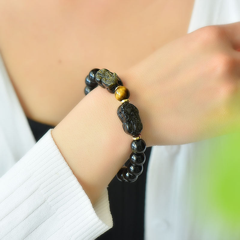 Natural Gold Obsidian Double Pixiu Bracelet