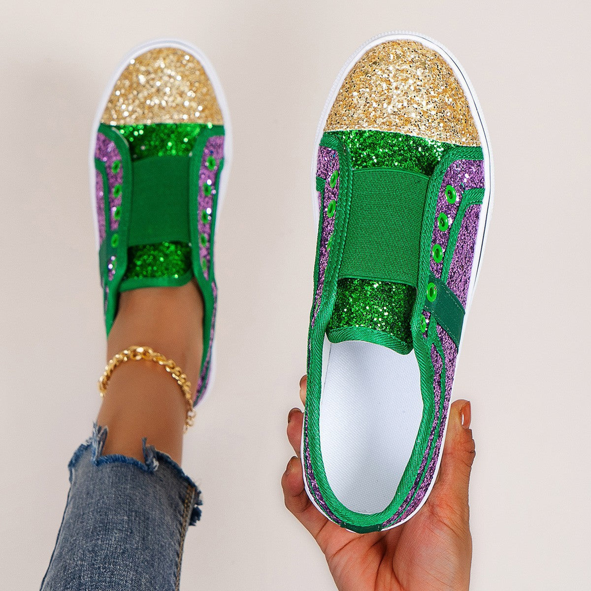 Belifi Flat Low-Cut Color-Block Sequin Sneakers