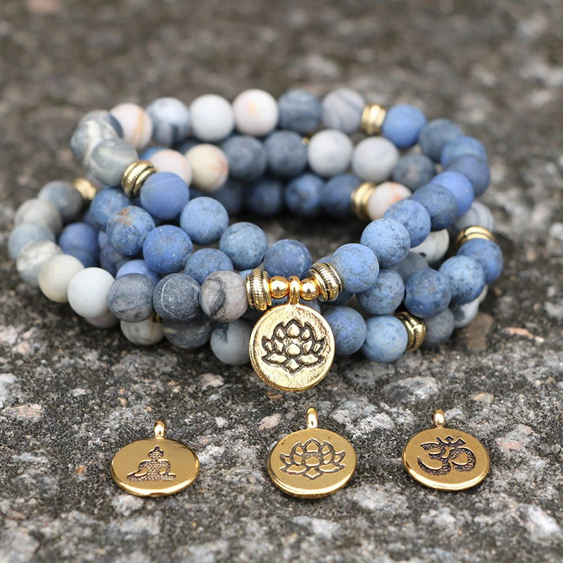 108 Bead Meditation Bracelet - Picasso Jasper, Blue Stone & Lotus Pendant