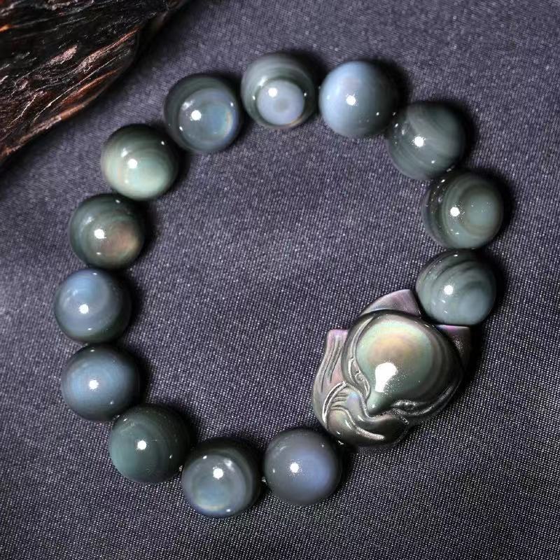 Fox Charm Healing Bracelet - Rainbow Obsidian for Positive Energy