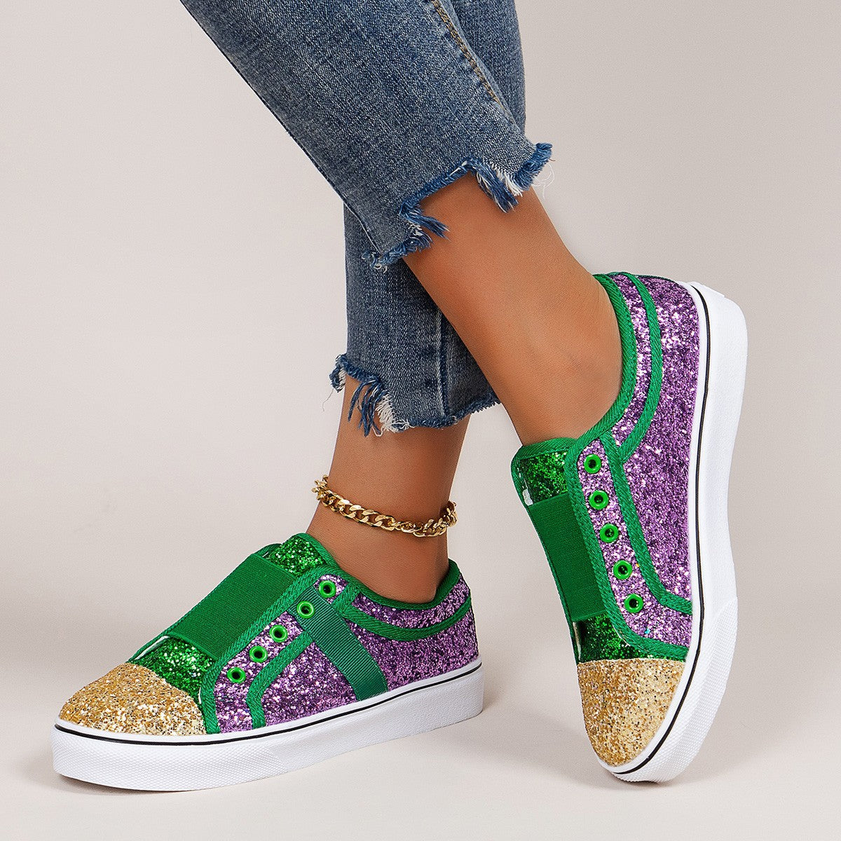 Belifi Flat Low-Cut Color-Block Sequin Sneakers