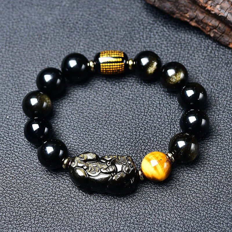 Natural Gold Obsidian Double Pixiu Bracelet