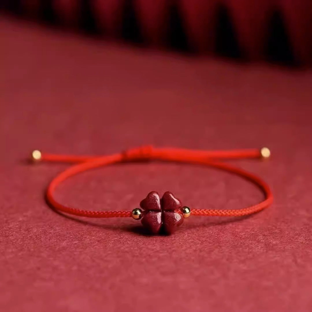 Blessing Red String Bracelet Anklet - Four Leaf Clover Cinnabar Charm