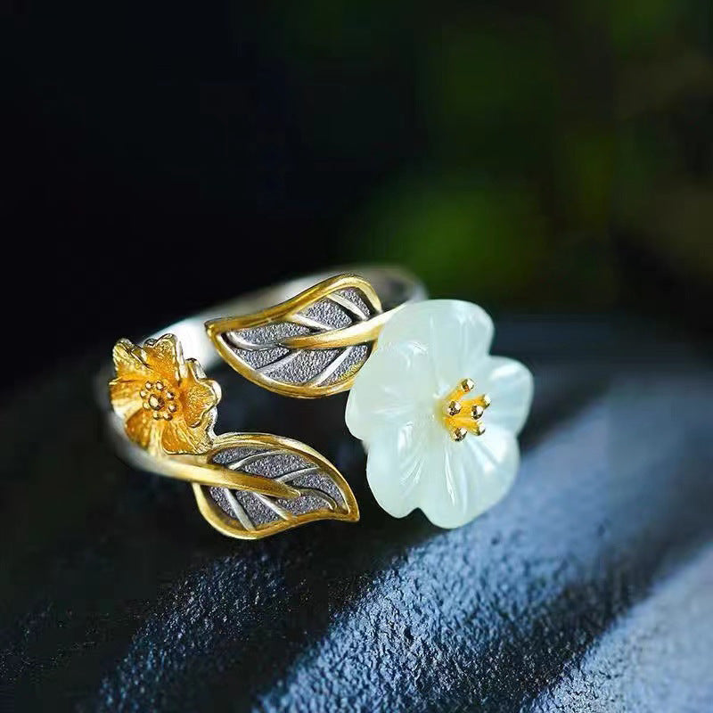 Elegant White Jade Plum Flower Leaf Ring - 925 Silver Plated for Luck