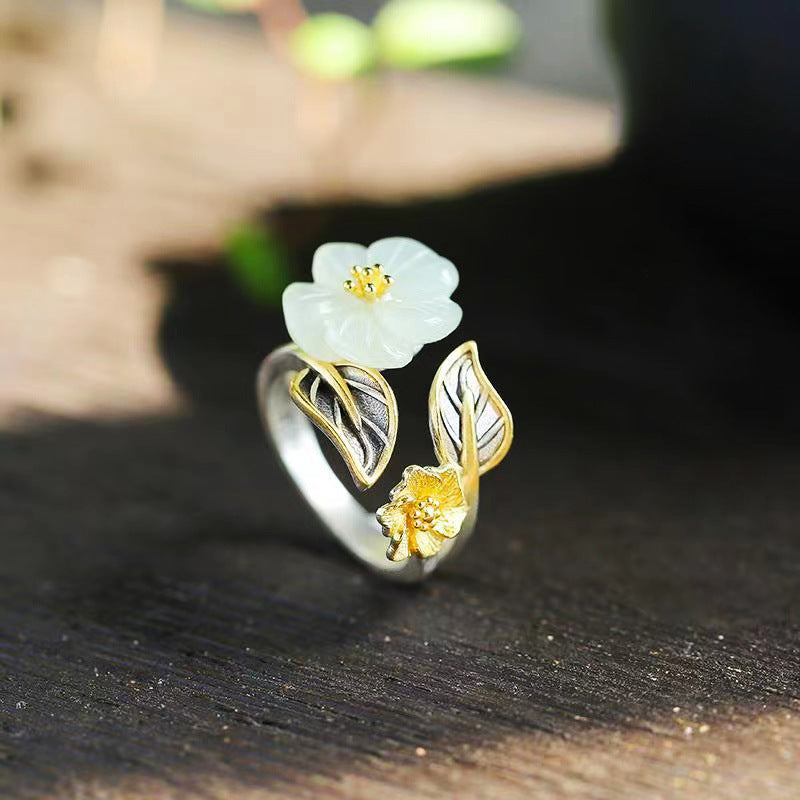 Elegant White Jade Plum Flower Leaf Ring - 925 Silver Plated for Luck