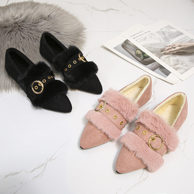 Belifi Pointed Metal Buckle Furry Shoes Fashion Cotton Shoes