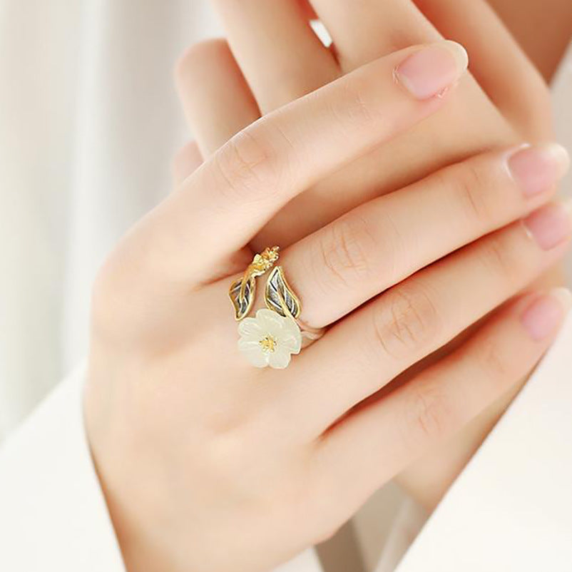 Elegant White Jade Plum Flower Leaf Ring - 925 Silver Plated for Luck