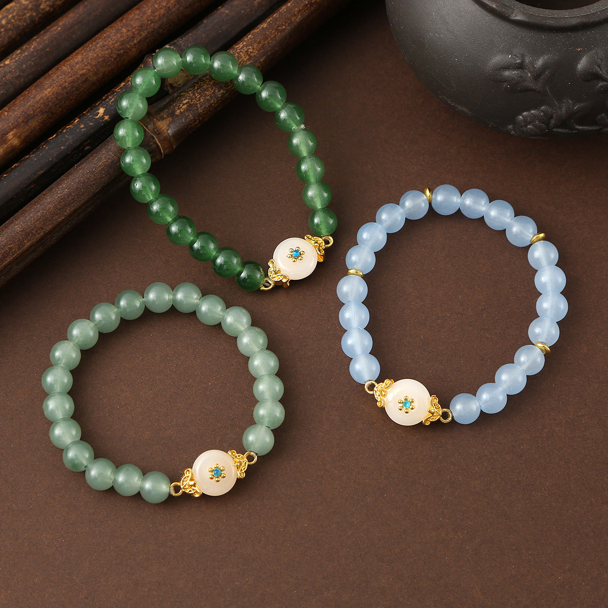 Defensive Trio Jade Stone Evil Eye Bracelet