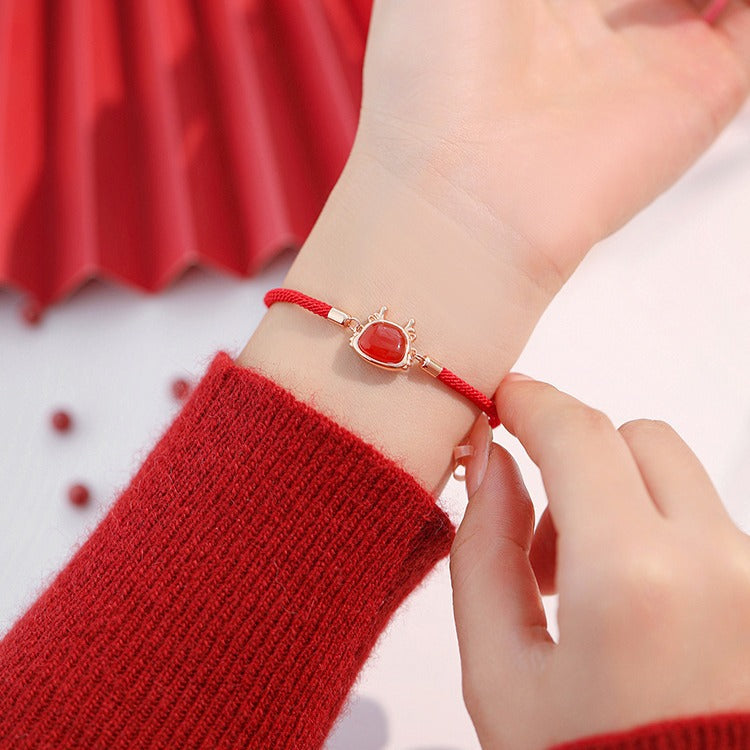 Fortune Dragon Fu Character Red String Bracelet - 999 Sterling Silver