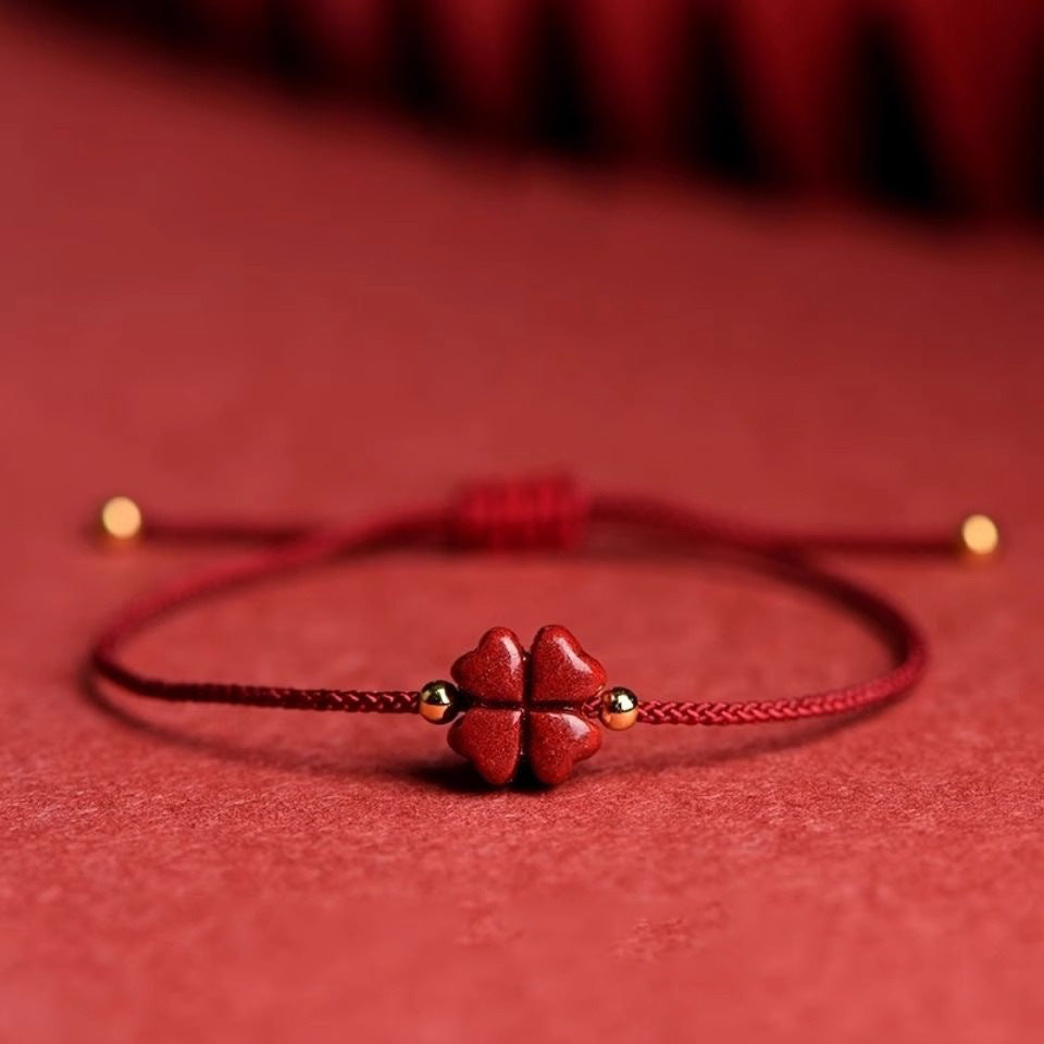 Blessing Red String Bracelet Anklet - Four Leaf Clover Cinnabar Charm