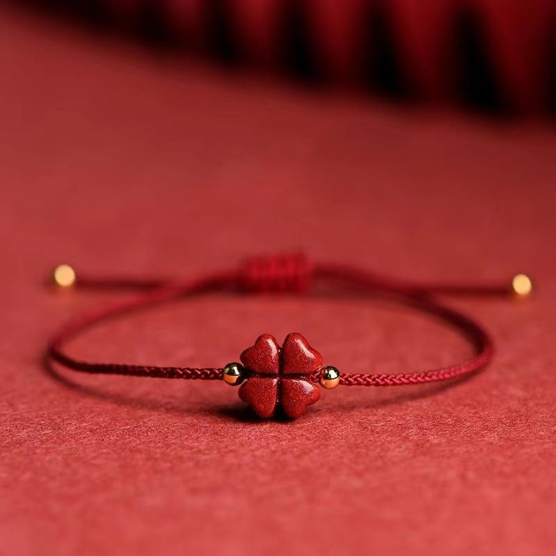 Blessing Red String Bracelet Anklet - Four Leaf Clover Cinnabar Charm