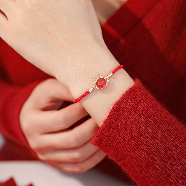 Fortune Dragon Fu Character Red String Bracelet - 999 Sterling Silver