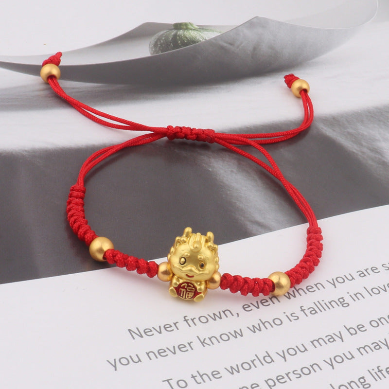 999 Sterling Silver Year of the Dragon Copper Coin Fortune Dragon Fu Character Luck Handcrafted Red String Braided Bracelet