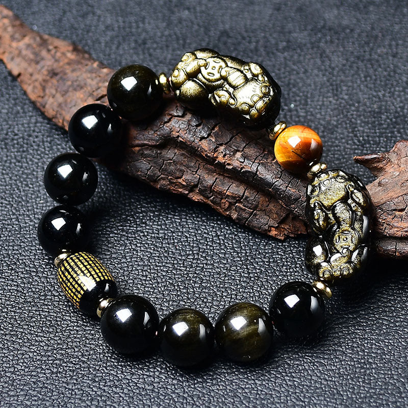 Natural Gold Obsidian Double Pixiu Bracelet