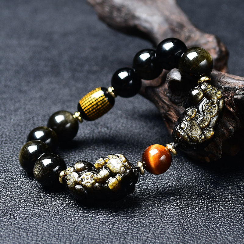 Natural Gold Obsidian Double Pixiu Bracelet