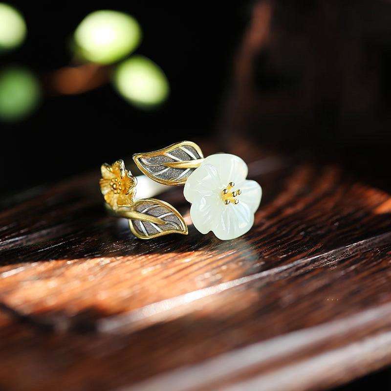 Elegant White Jade Plum Flower Leaf Ring - 925 Silver Plated for Luck