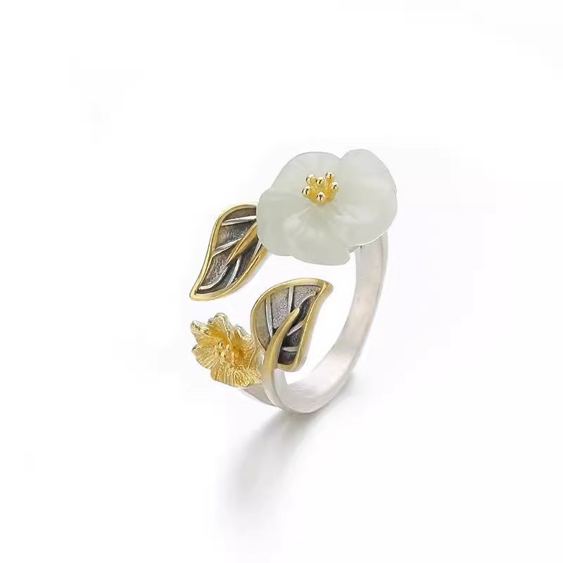 Elegant White Jade Plum Flower Leaf Ring - 925 Silver Plated for Luck