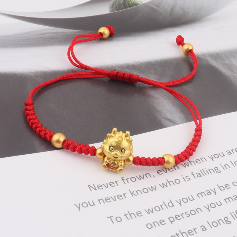 999 Sterling Silver Year of the Dragon Copper Coin Fortune Dragon Fu Character Luck Handcrafted Red String Braided Bracelet