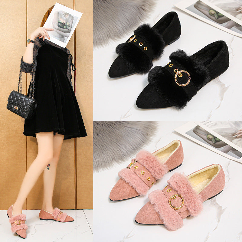 Belifi Pointed Metal Buckle Furry Shoes Fashion Cotton Shoes